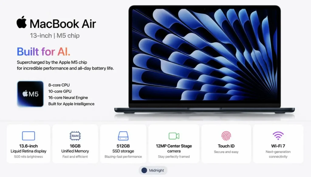 Apple 2026 MacBook Air 13-inch Laptop with M5 chip Built for AI, 13.6-inch Liquid Retina Display, 16GB Unified Memory, 512GB SSD, 12MP Center Stage Camera, Touch ID, Wi-Fi 7; Midnight