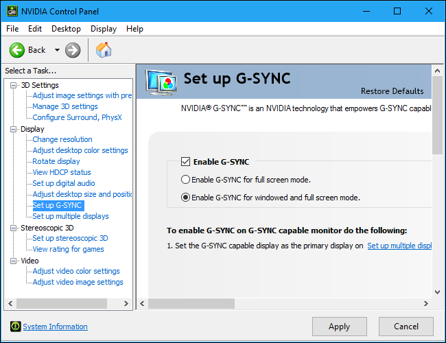 NVIDIA Control Panel G-Sync settings