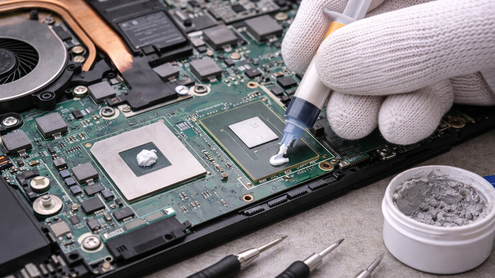 thermal paste application on laptop CPU heatsink